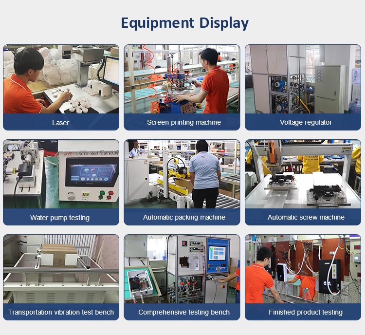 Zhongshan Chongde Electric Co., Ltd. (Anlabeier) production and testing equipment, including laser marking, screen printing, water-pump testing and a comprehensive testing bench